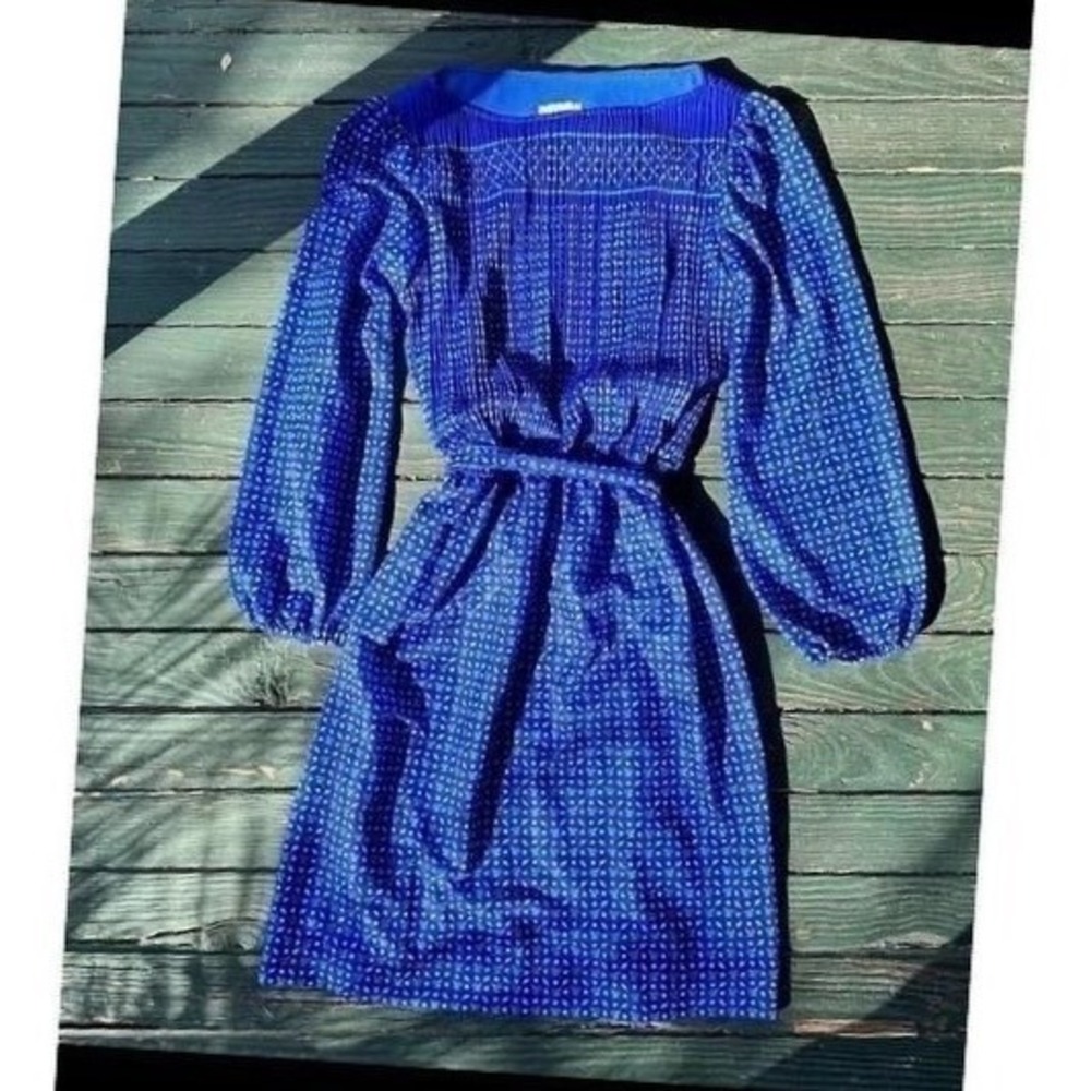 Sue Brett Blue‎ Multi Blossom Flowers Dress Semi Sheer  Pleats 5/6 Small Vintage